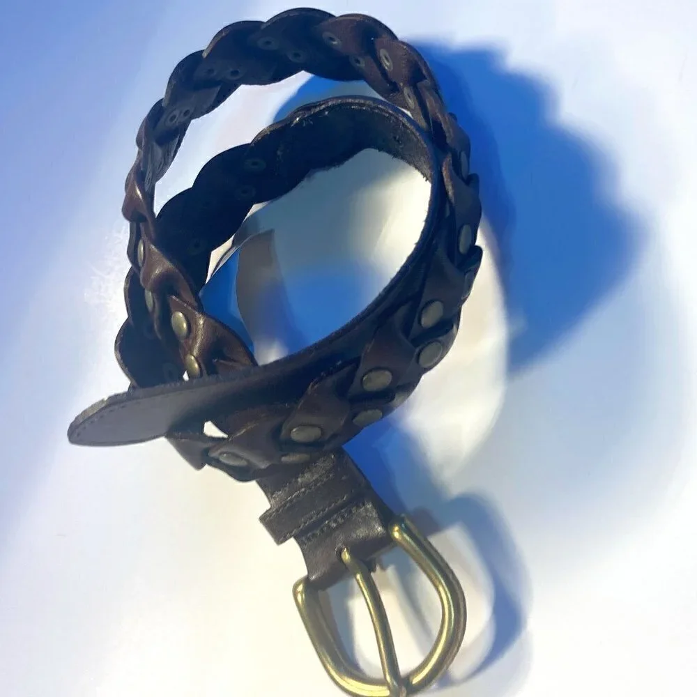 Brown Belt SZ S Braided leather with brass buckle & stud details